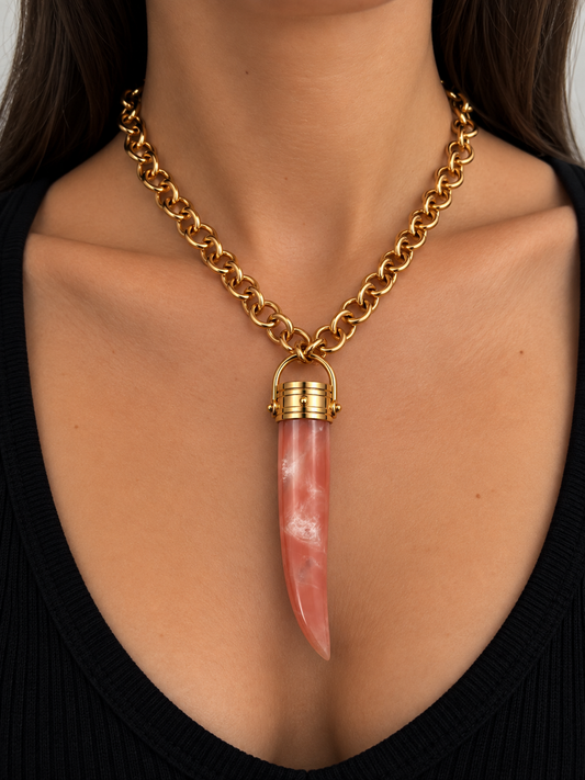 Collana Statement Pendente Corno Pietra Rosa Marmorizzata Catena Rolo Oro