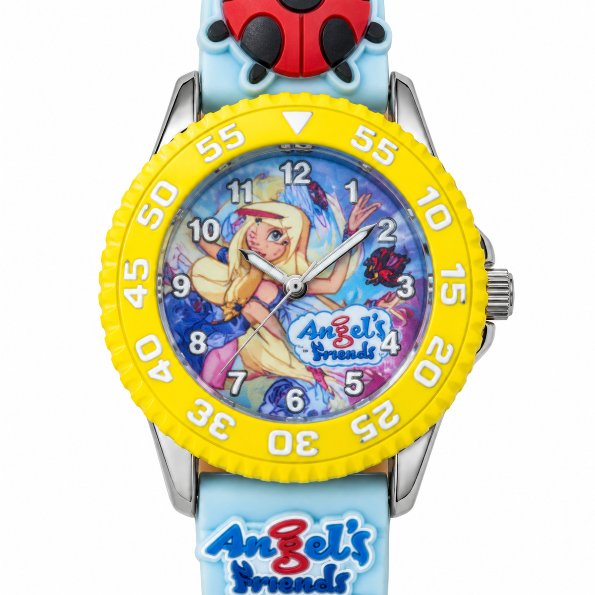 Orologio bambina Angel’s Friends con quadrante illustrato, ghiera gialla e cinturino azzurro con coccinella