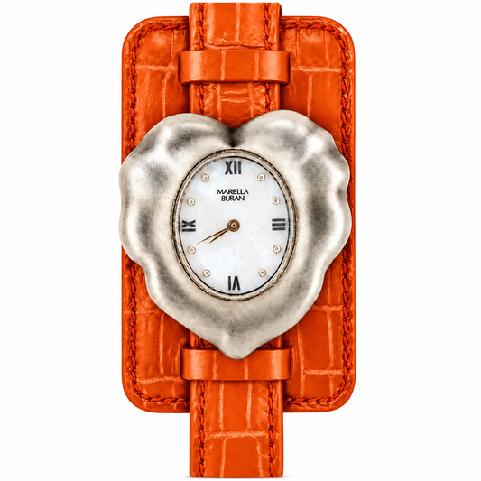 Mariella Burani – Orologio Donna Cuore Silver Madreperla Cristalli Cinturino Arancio
