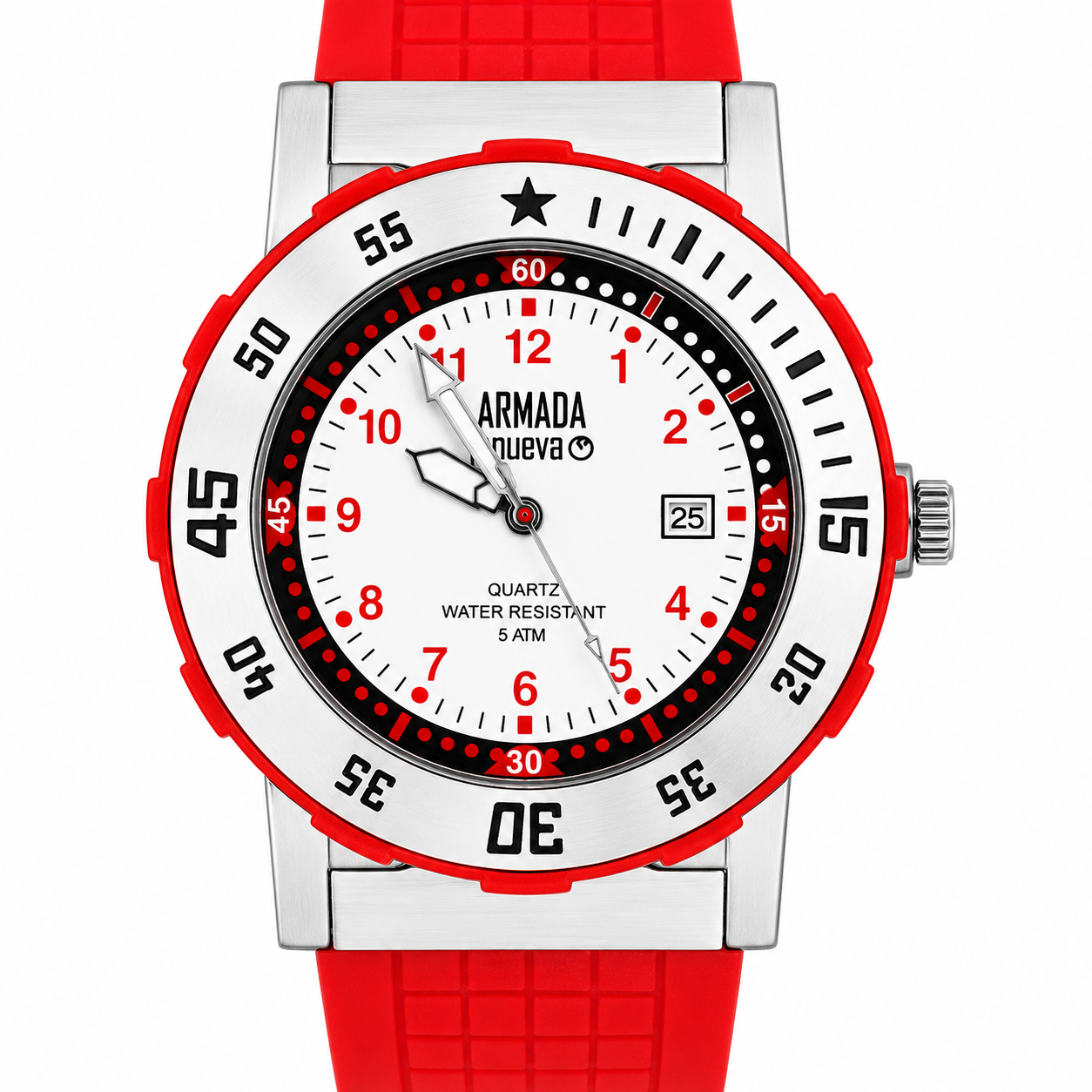 Armada Nueva orologio sport diving quadrante bianco bezel rosso quartz water resistant 5ATM cinturino silicone rosso
