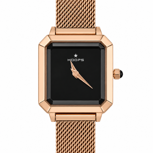 Hoops – Orologio Donna Cassa Quadrata Rose Gold Quadrante Nero Bracciale Mesh