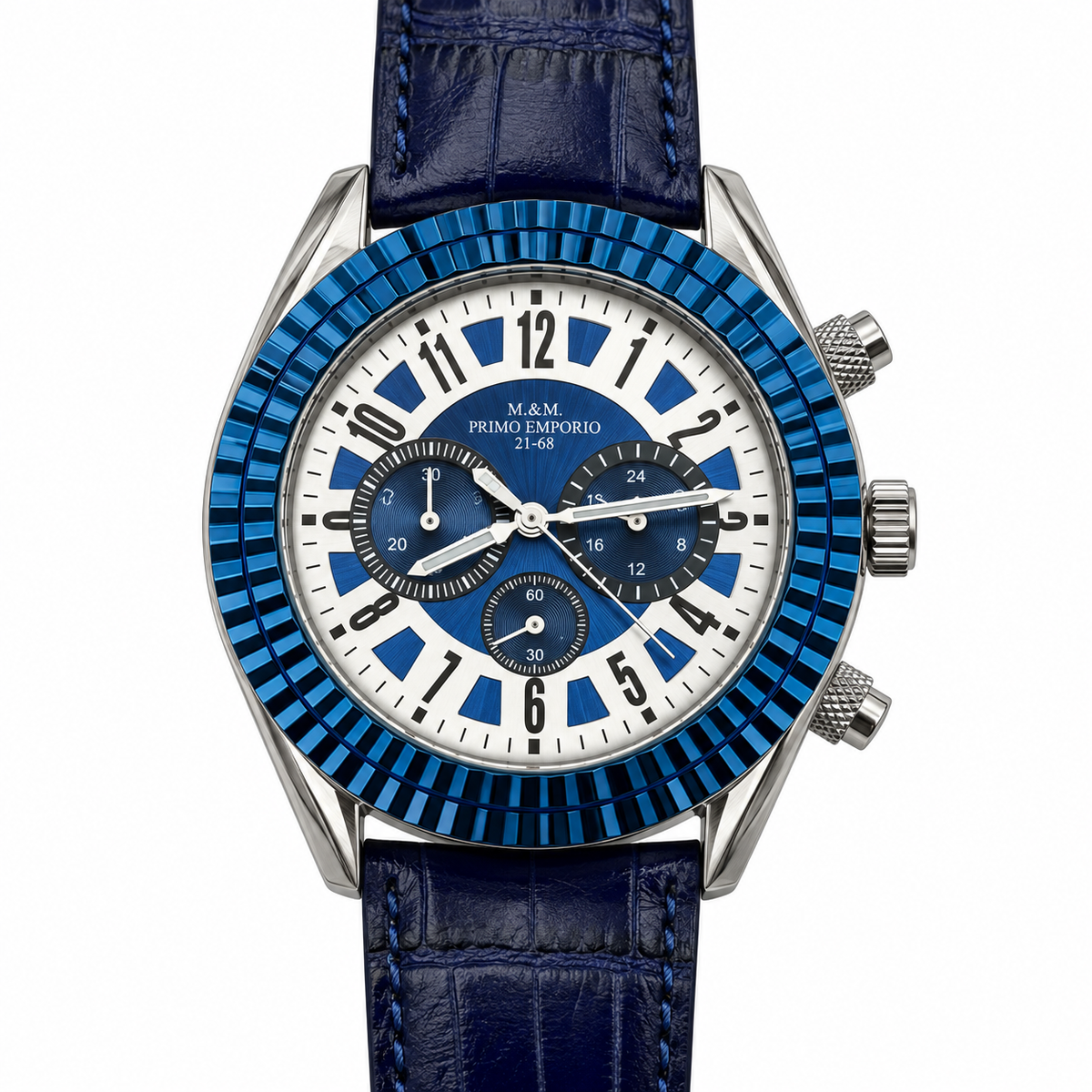 M&M Primo Emporio 21-68 cronografo lunetta cannellé blu PVD quadrante bianco blu cinturino pelle blu coccodrillata