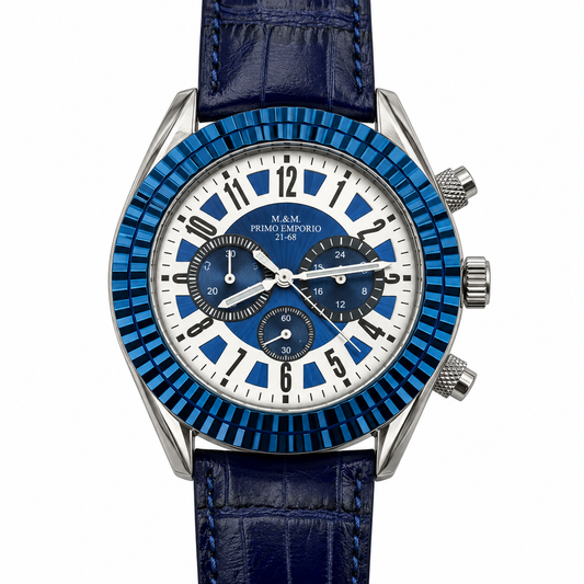 M&M Primo Emporio 21-68 cronografo lunetta cannellé blu PVD quadrante bianco blu cinturino pelle blu coccodrillata