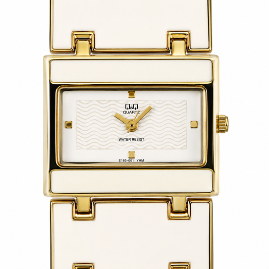 Q&Q – Orologio Donna Bracciale Rigido Bianco Oro Cassa Rettangolare Quadrante Guilloché Water Resist