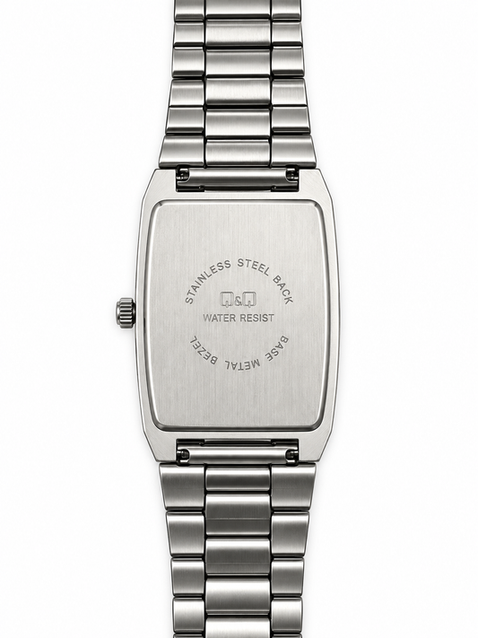 Orologio Q&Q rettangolare argentato con quadrante chiaro e bracciale geometrico