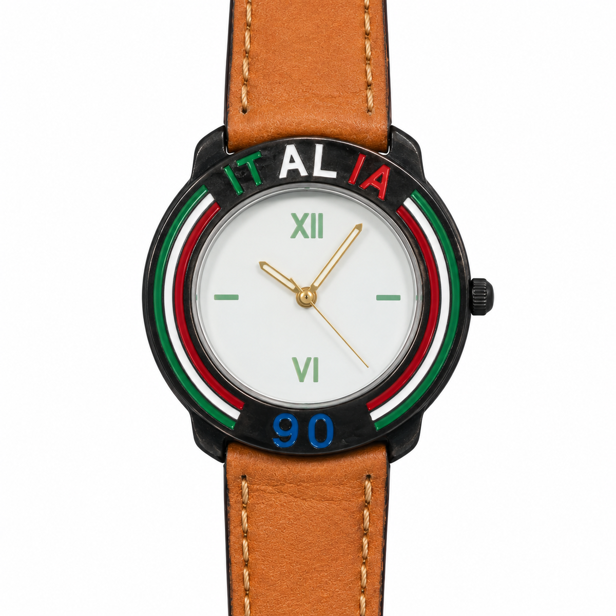 Orologio Italia90 con ghiera tricolore, quadrante bianco e cinturino in pelle cognac