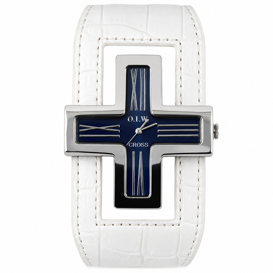 O.I.W. Cross - Orologio Donna Cassa a Croce Quadrante Blu Cinturino Coccodrillo Bianco