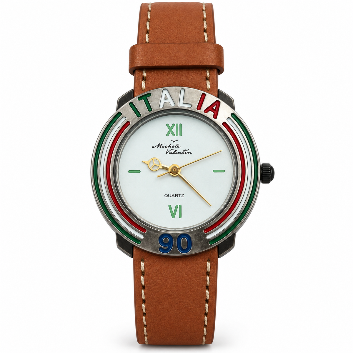 Orologio Italia90 al quarzo con ghiera tricolore e cinturino cognac – 3 versioni