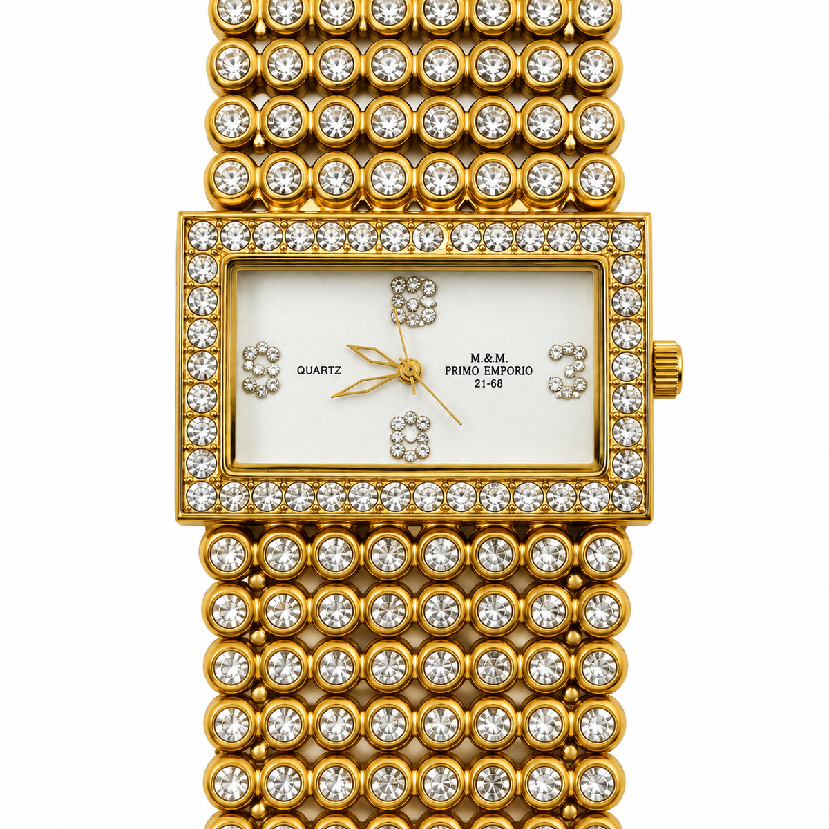 Orologio M&M Primo Emporio rettangolare color oro con quadrante chiaro, numeri decorati e bracciale a elementi circolari luminosi