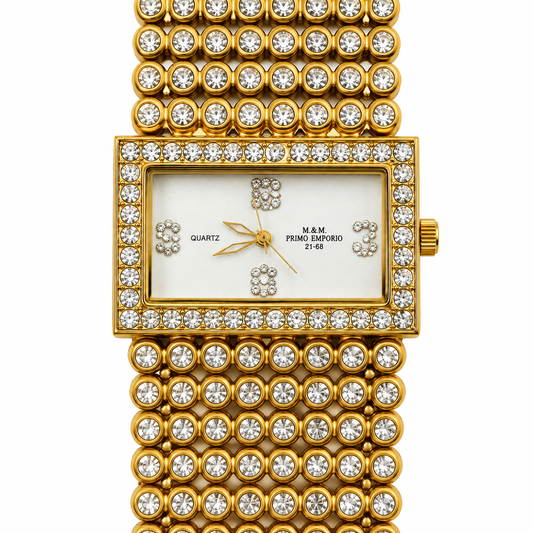Orologio M&M Primo Emporio rettangolare color oro con quadrante chiaro, numeri decorati e bracciale a elementi circolari luminosi