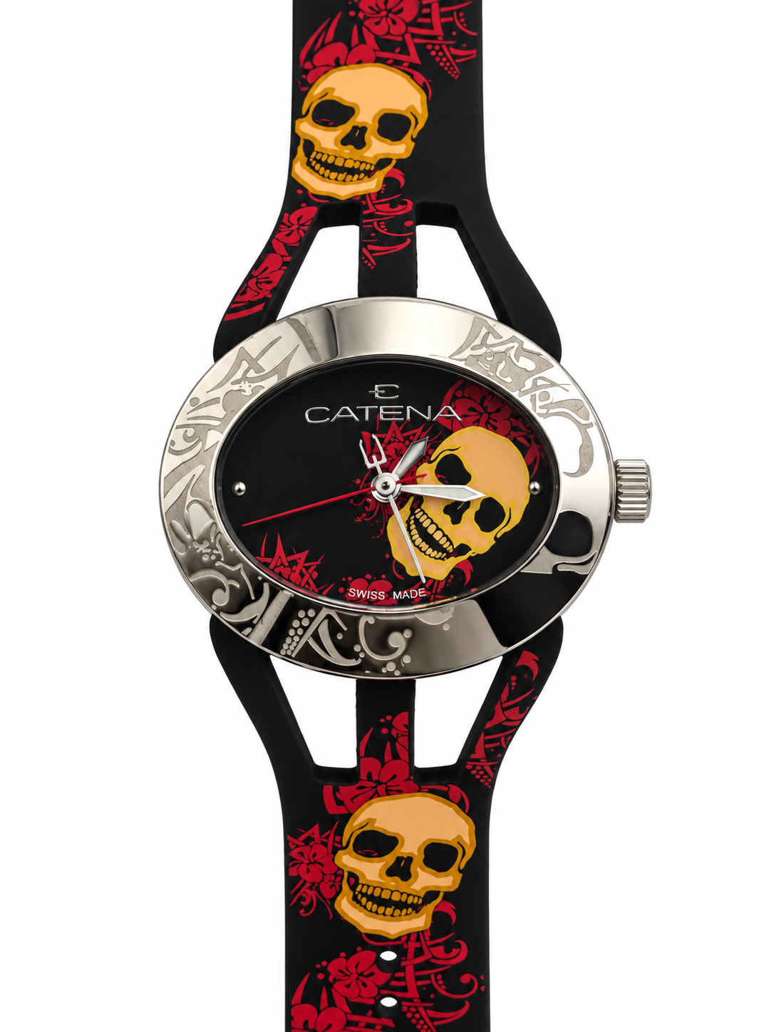 Orologio Catena SwisSpace S912 con teschi gialli e decorazioni rosse