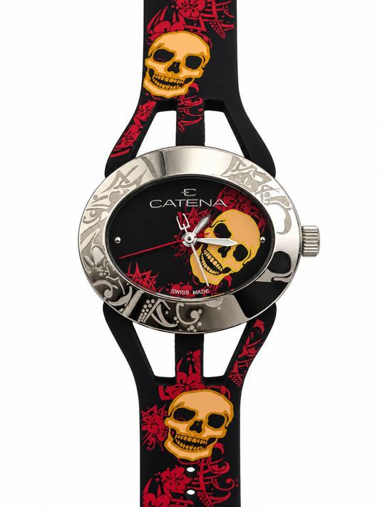 Orologio Catena SwisSpace S912 con teschi gialli e decorazioni rosse