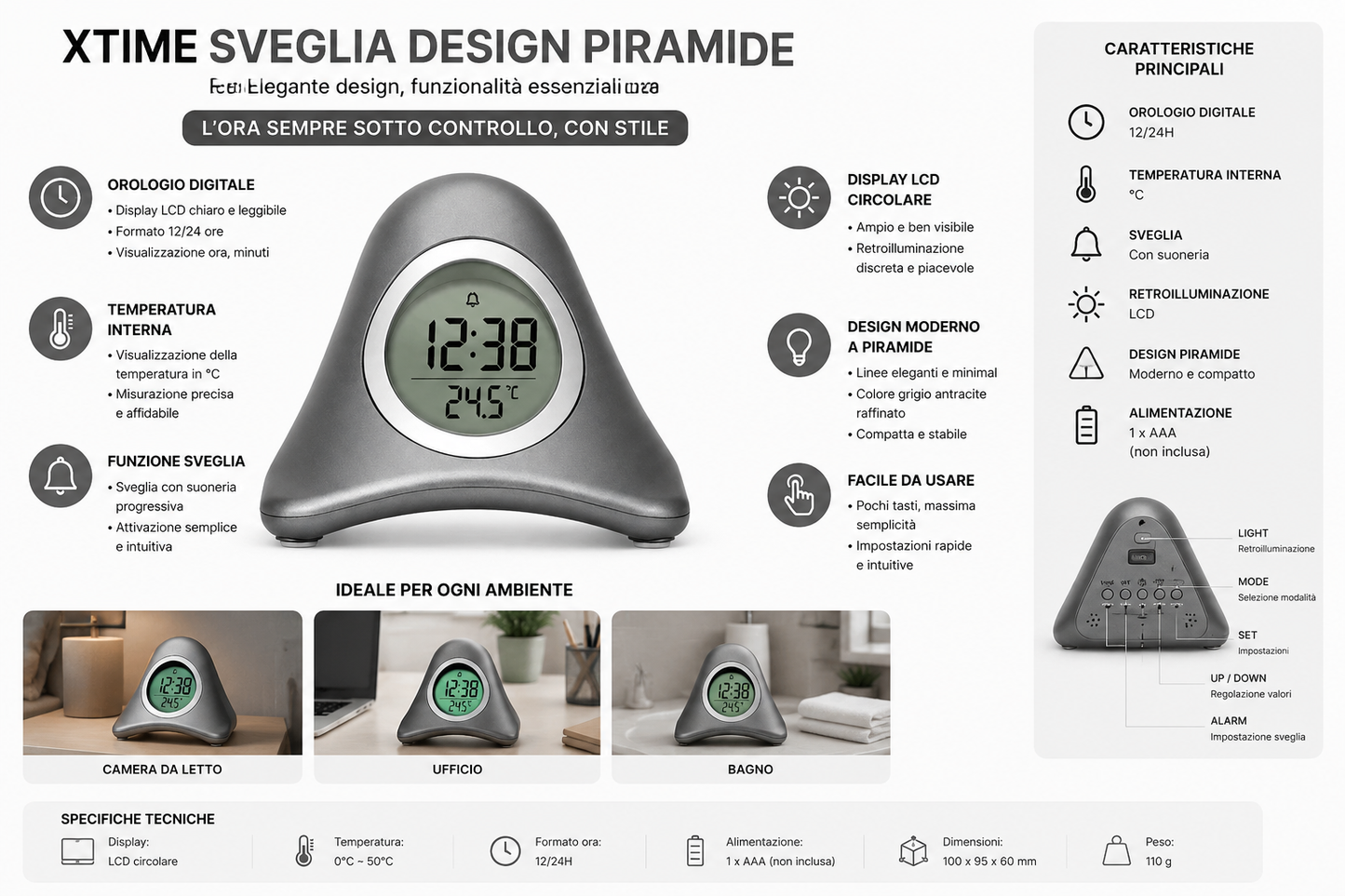 XTime Sveglia Design Piramide con Display LCD Circolare – Grigio Antracite