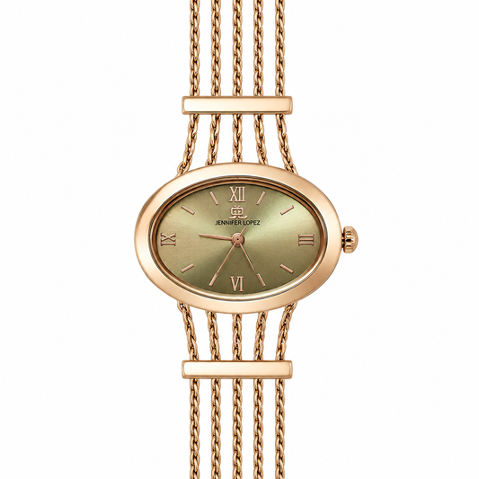 Jennifer Lopez Orologio Donna Ovale Oro Rosa Quadrante Verde Bracciale Multi-Catena