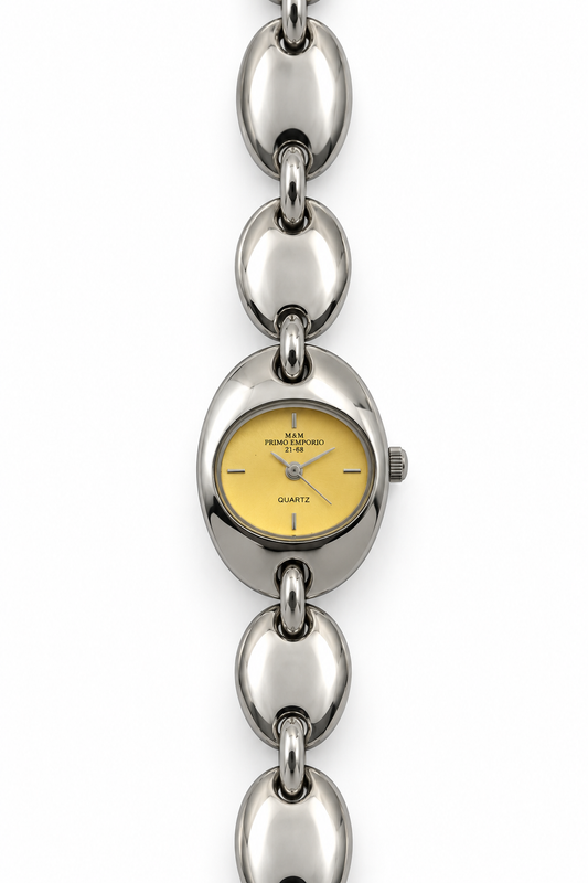 M&M Primo Emporio 21-68 – Orologio Donna Ovale Bracciale Maglie Ovali Acciaio Quarzo | Turchese, Borgogna o Giallo