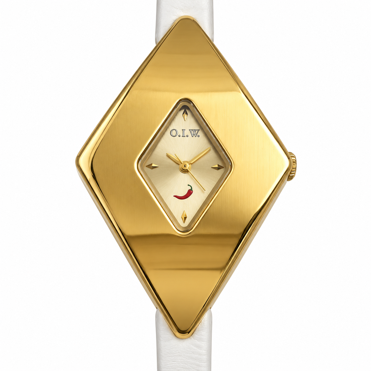 Orologio O.I.W. dorato a rombo con quadrante champagne e cinturino bianco