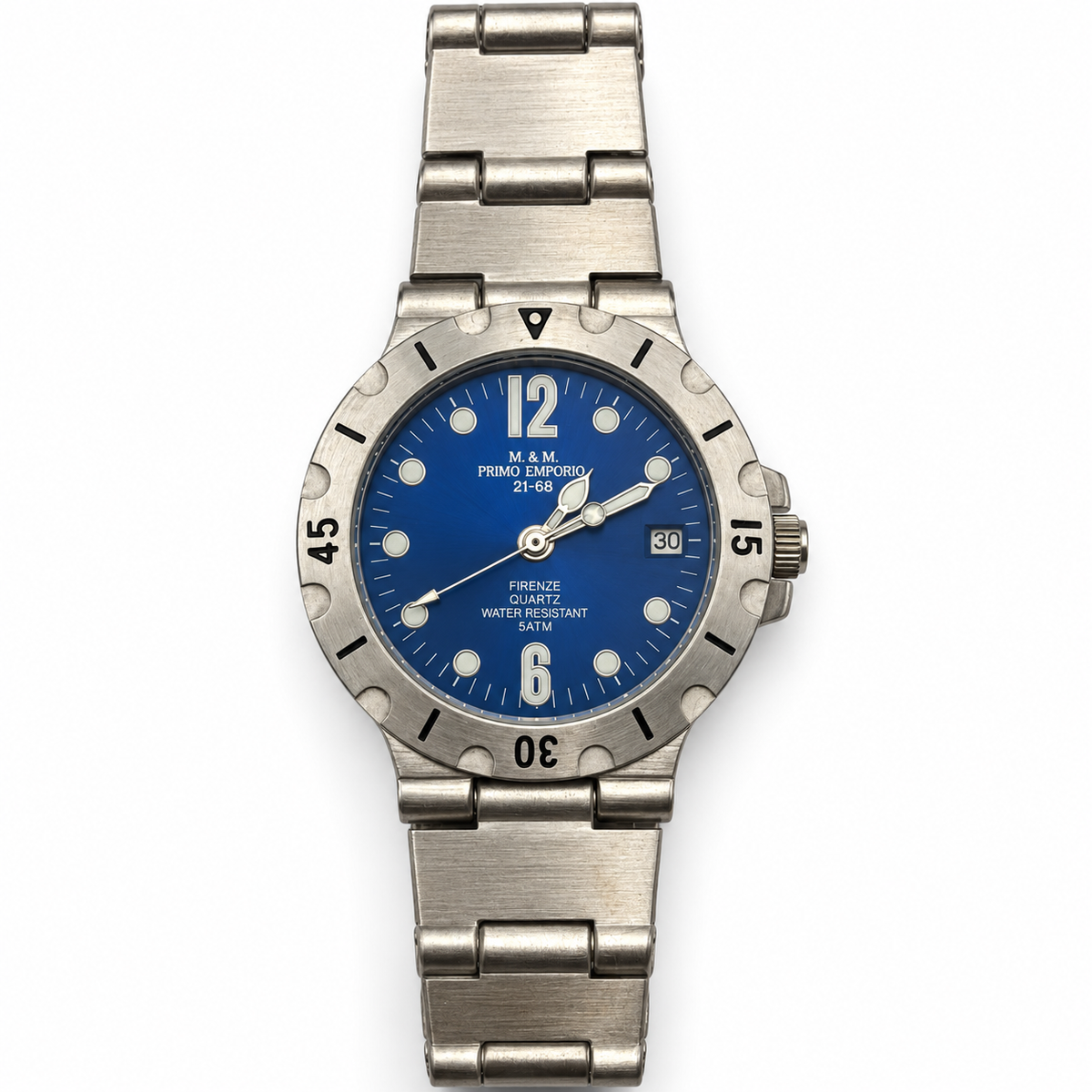 Orologio M&M Primo Emporio 21-68 in acciaio con datario, quadrante blu o bianco