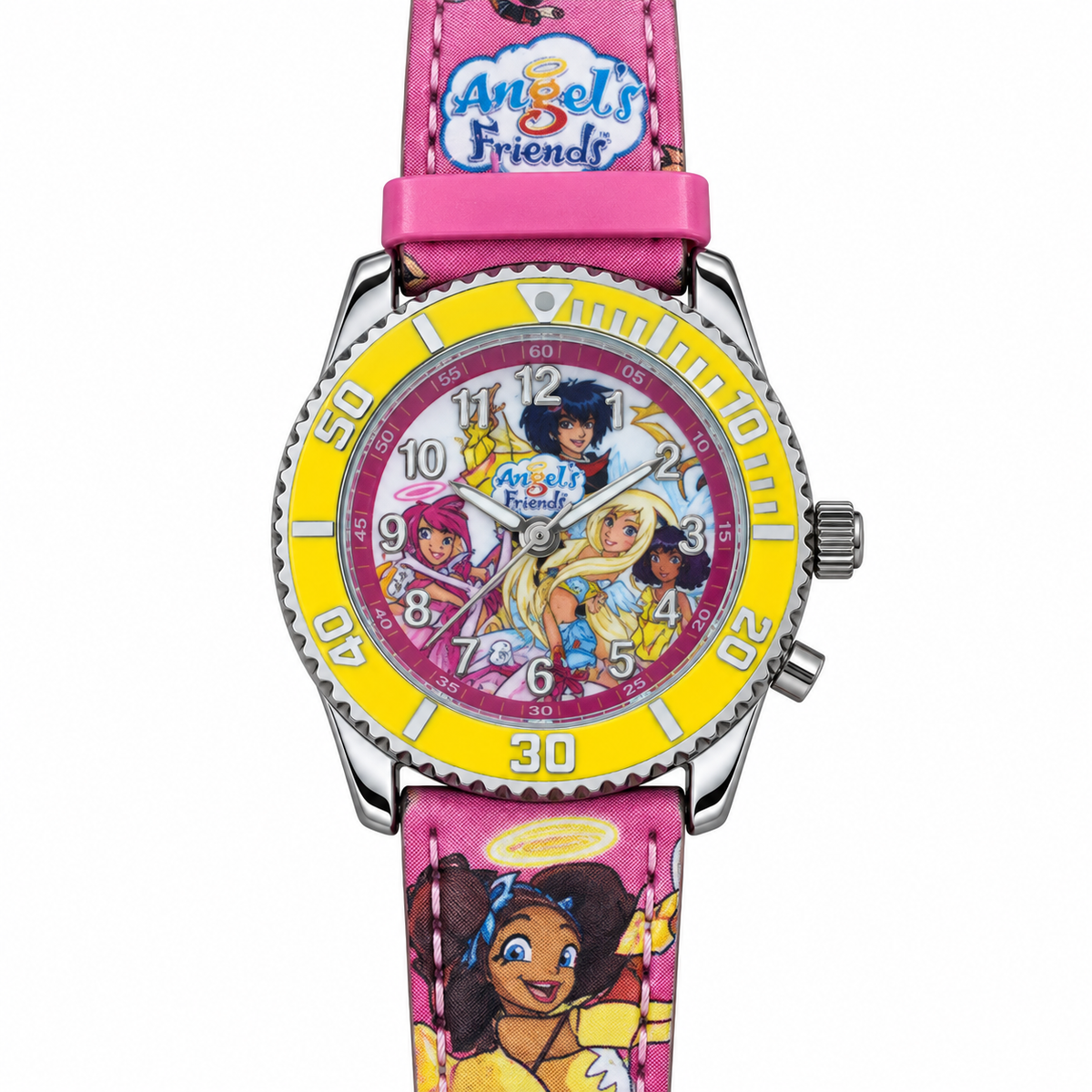 Orologio bambina Angel’s Friends con quadrante illustrato, ghiera gialla e cinturino rosa con personaggi