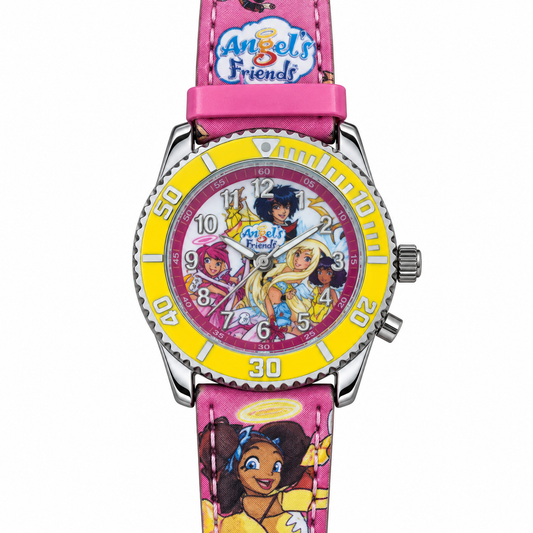 Orologio bambina Angel’s Friends con quadrante illustrato, ghiera gialla e cinturino rosa con personaggi