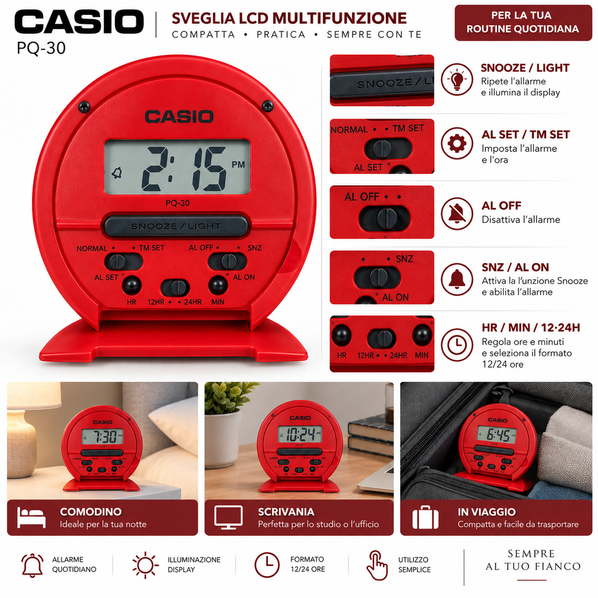 Casio PQ-32B Sveglia Digitale LCD da Comodino – Multifunzione, Allarme, Snooze