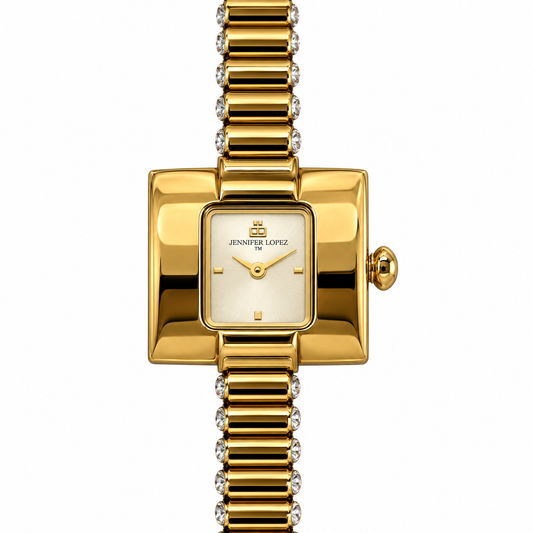 Jennifer Lopez — Orologio Donna Cassa Quadrata Bold Oro Quadrante Champagne Bracciale Cristalli