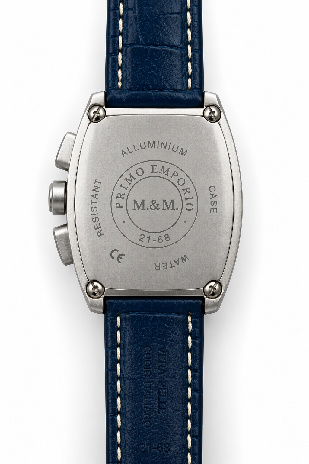 M.&M. Primo Emporio 21-68 — Cronografo Donna Tonneau Bezel Cristalli Quadrante Blu Notte Numeri Arabi Cinturino Coccodrillo Navy