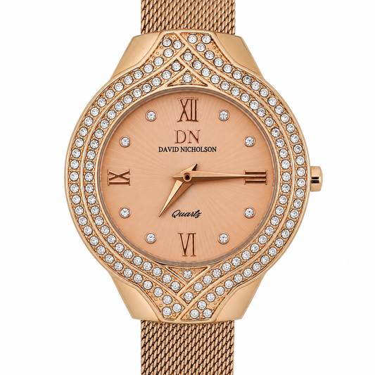 David Nicholson DN – Orologio Donna Quarzo Glamour Doppia Lunetta Cristalli Quadrante Rosa Gold e Bracciale Mesh Oro Rosa