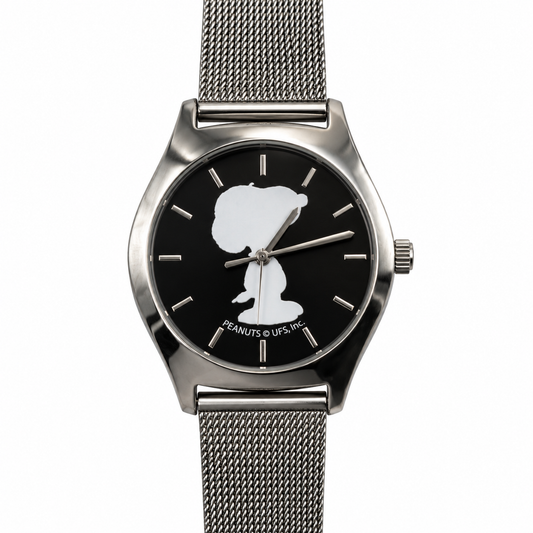 Orologio Snoopy Peanuts con silhouette sul quadrante e bracciale a maglia milanese in acciaio