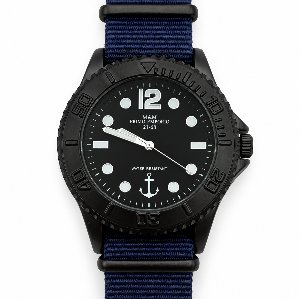 Orologio M&M Primo Emporio nero con ancora e cinturino in tessuto blu