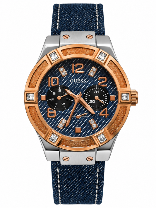 Orologio Guess blu effetto denim con dettagli oro rosa e pietre decorative