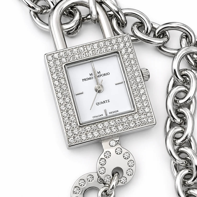 Collana orologio M&M Primo Emporio con lucchetto e chiave – Rosa e bianco, Segreti di luce