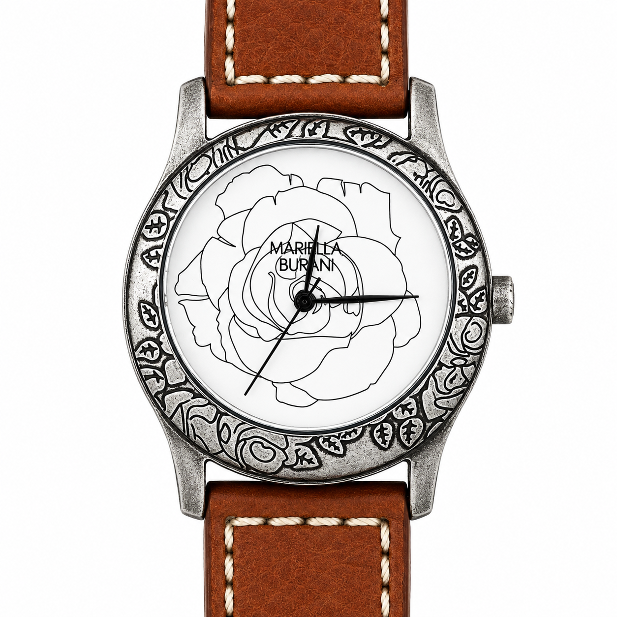 Mariella Burani – Orologio Donna Quadrante Bianco Rosa Incisa Bezel Anticato Arabeschi Cinturino Cuoio Cognac