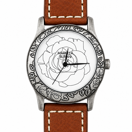 Mariella Burani – Orologio Donna Quadrante Bianco Rosa Incisa Bezel Anticato Arabeschi Cinturino Cuoio Cognac