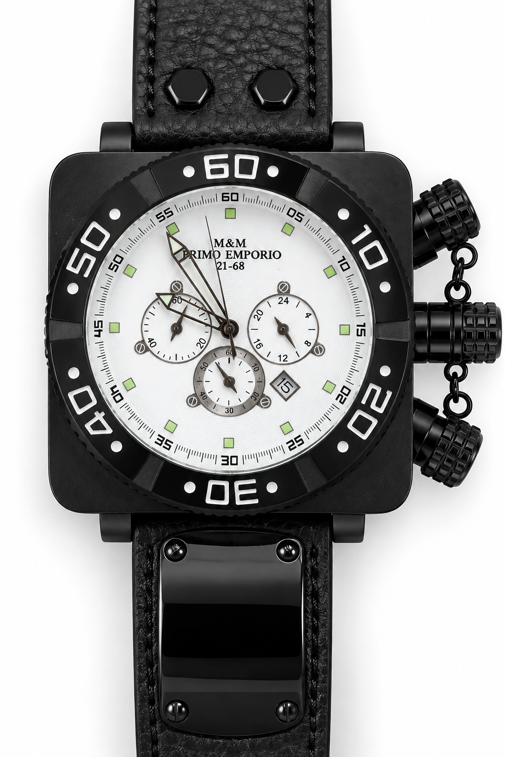 M.&M. Primo Emporio 21-68 — Cronografo Uomo Cassa Quadrata Maxi PVD Nero | Quadrante Nero o Bianco
