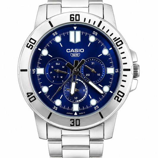 Casio MTP-VD300D - Orologio Uomo Multifunzione Quadrante Blu Bracciale Acciaio Water Resist