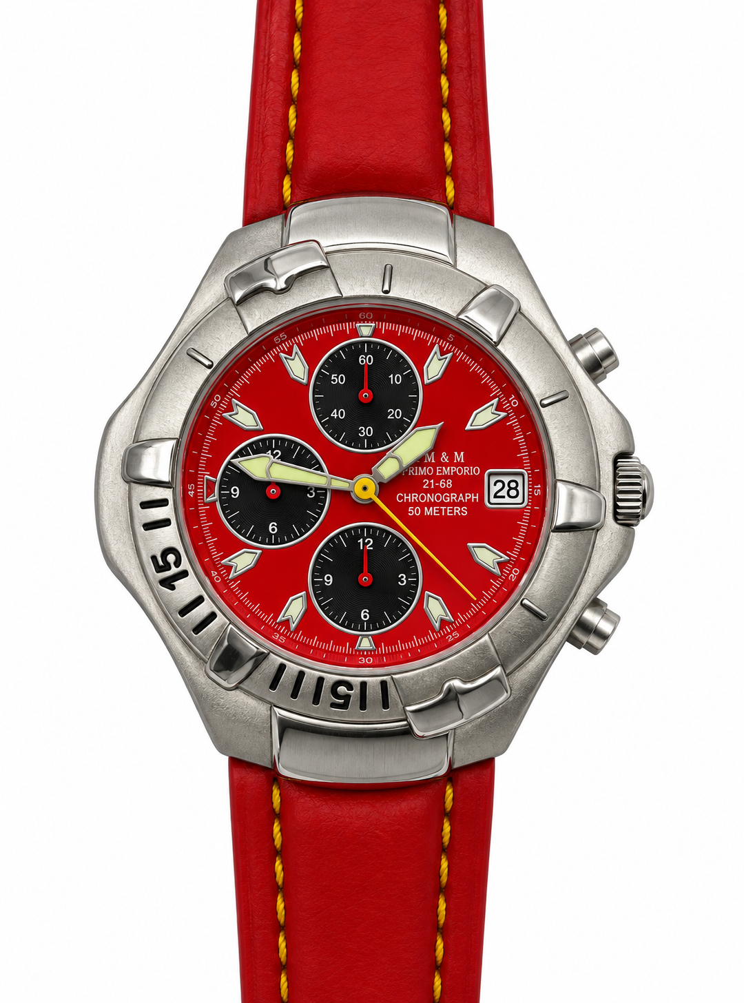 Orologio uomo M&M Primo Emporio 21-68 cronografo quadrante rosso lancetta gialla indici freccia 50 metri cinturino pelle rossa cuciture gialle