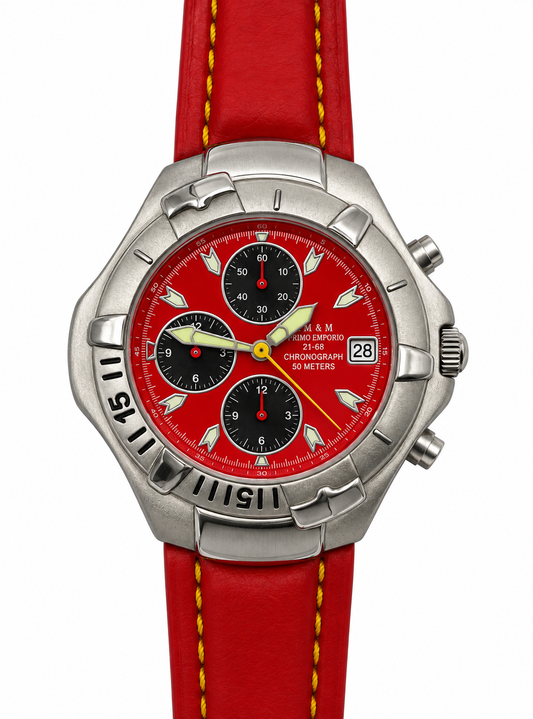 Orologio uomo M&M Primo Emporio 21-68 cronografo quadrante rosso lancetta gialla indici freccia 50 metri cinturino pelle rossa cuciture gialle