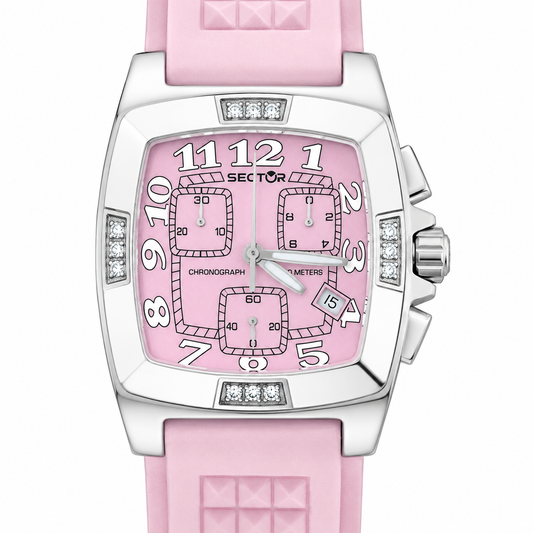 Orologio Sector Cronografo Donna Pink - Cassa Cushion con Cristalli e Cinturino in Silicone Rosa