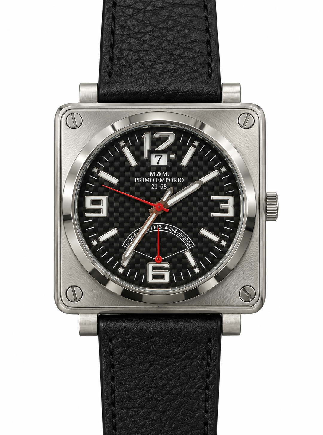 M&M Primo Emporio 21-68 – Orologio Uomo Quadrato Carbonio Piccoli Secondi, Cassa Trasparente o Nera