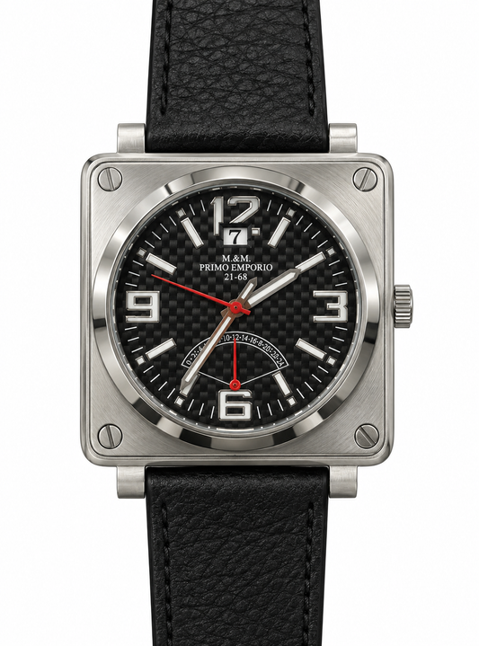 M&M Primo Emporio 21-68 – Orologio Uomo Quadrato Carbonio Piccoli Secondi, Cassa Trasparente o Nera
