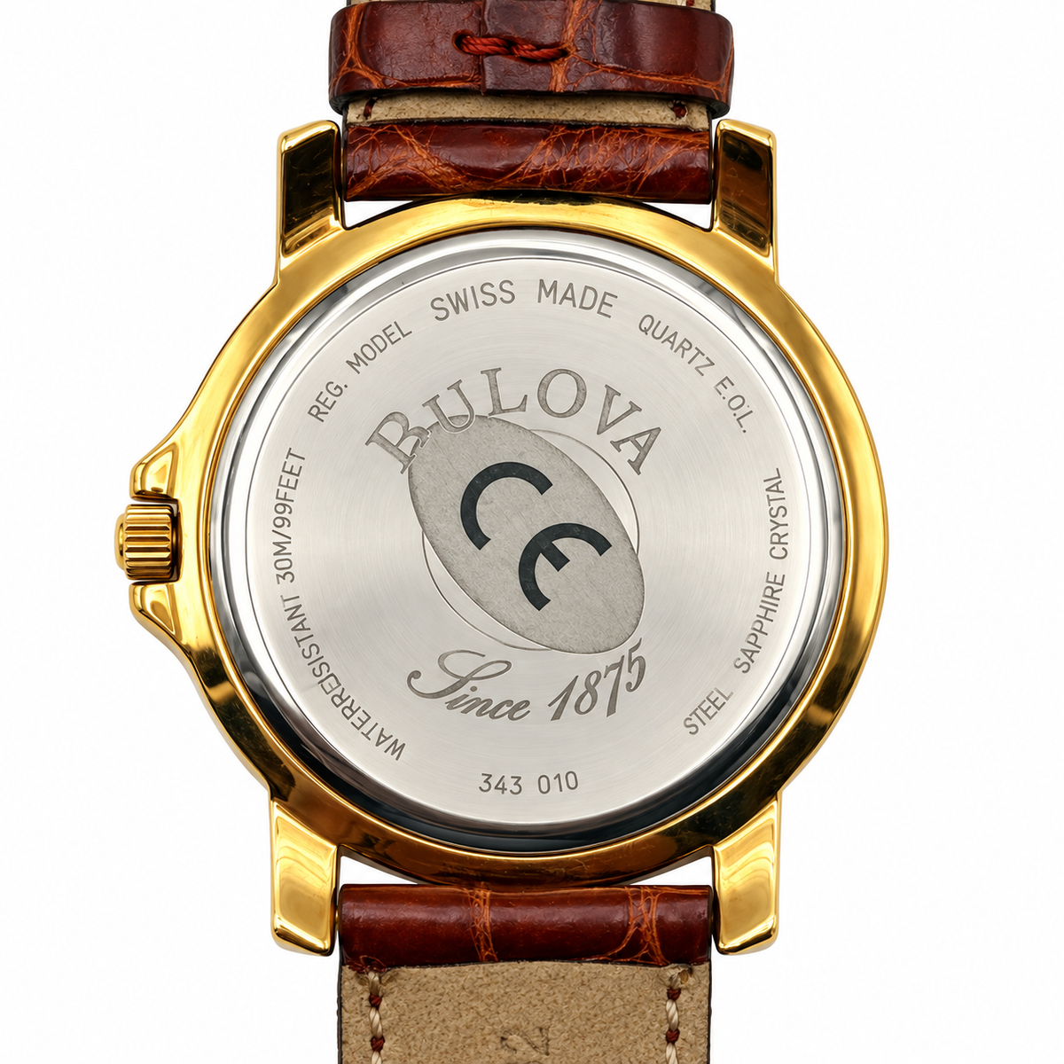 Fondello Bulova con incisioni Swiss Made, Quartz E.O.L., Sapphire Crystal e codice 343 010