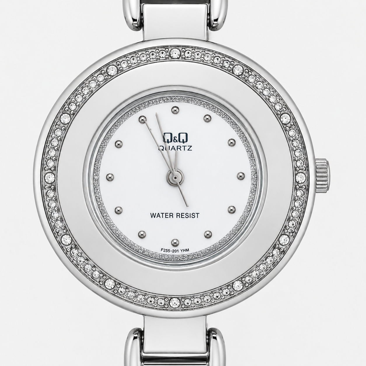 Q&Q Quartz Orologio Donna – Doppio Anello Cristalli Quadrante Bianco Bracciale Acciaio Water Resist