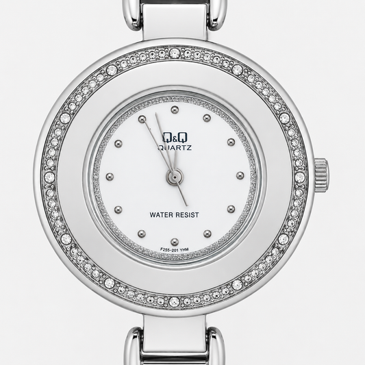 Q&Q Quartz Orologio Donna – Doppio Anello Cristalli Quadrante Bianco Bracciale Acciaio Water Resist