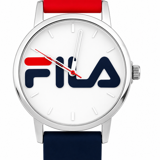 FILA Orologio Unisex – Maxi Logo Quadrante Bianco Cinturino Bicolore Rosso e Blu