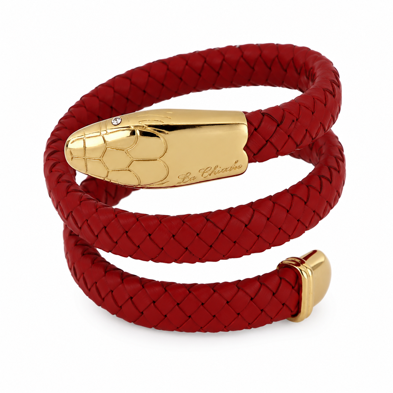 Le Chicche – Bracciale Serpente Cuoio Intrecciato Borgogna con Testa in Oro e Cristallo