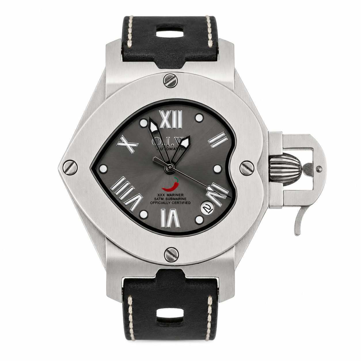 O.I.W. XXX Mariner - Orologio Uomo Automatico Submariner 5ATM Quadrante Grigio Cinturino Pelle Nera