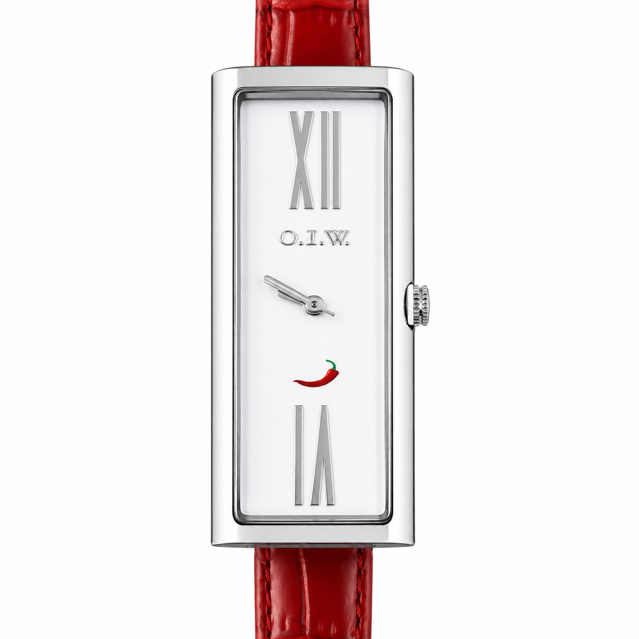 O.I.W. Peperoncino Slim - Orologio Donna Cassa Rettangolare Argento Quadrante Bianco Cinturino Pelle Rosso