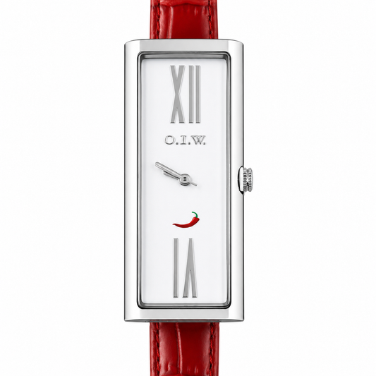 O.I.W. Peperoncino Slim - Orologio Donna Cassa Rettangolare Argento Quadrante Bianco Cinturino Pelle Rosso
