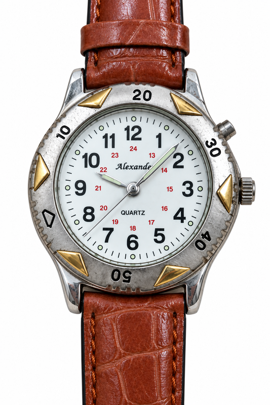 Orologio con quadrante bianco, numeri neri e rossi, ghiera argentata con inserti dorati e cinturino marrone