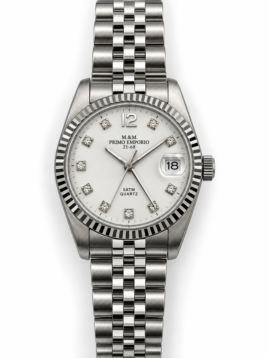 M.&M. Primo Emporio 21-68 orologio unisex bezel zigrinato quadrante bianco indici diamante data bracciale jubilee 5ATM acciaio